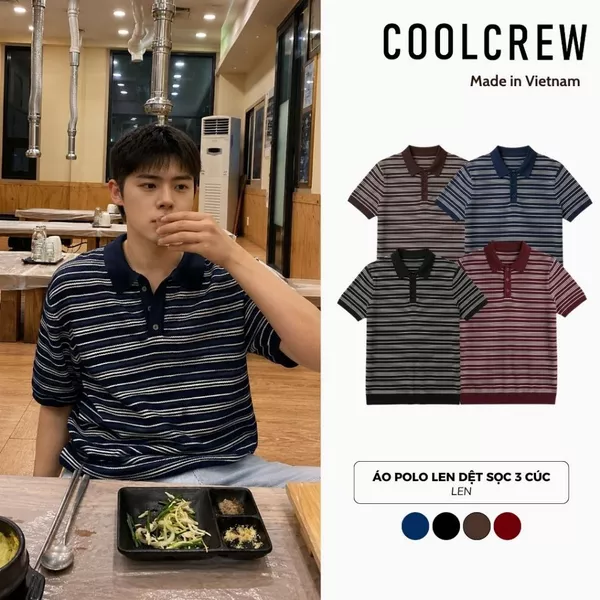 Áo Polo Len Dệt Kim Vintage 𝐂𝐎𝐎𝐋𝐂𝐑𝐄𝐖 Họa Tiết Kẻ Ngang Nhỏ Cổ Bẻ 3 Cúc Regular Fit Phong Cách Hàn Quốc ALH10 APN113