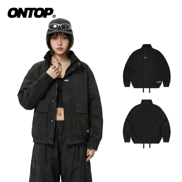 Áo khoác gió nhăn 2 lớp nam nữ ONTOP cổ trụ màu đen có túi trong Cargo Pocket Jacket | O-AK2