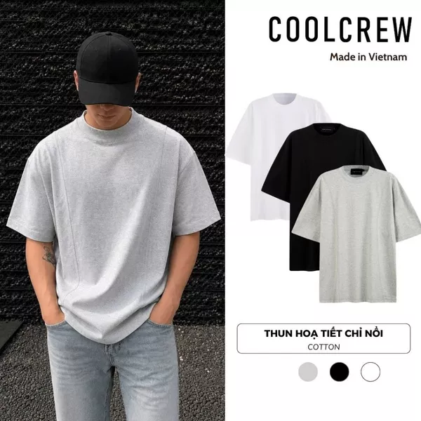 Áo Thun Cotton Hoạ Tiết Chỉ Nổi 𝐂𝐎𝐎𝐋𝐂𝐑𝐄𝐖 Form Rộng Phong Cách Unisex Nam Nữ ATN004