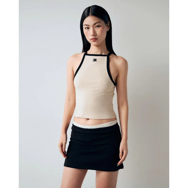 Eleven - Áo Cổ Vuông Viền Tương Phản Thêu Mono | Màu Be