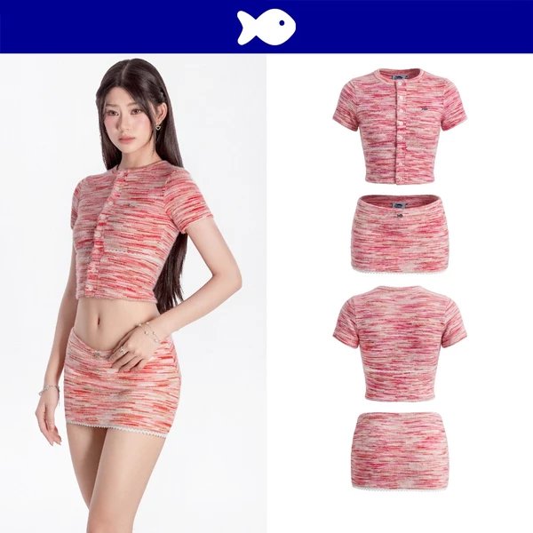 Set áo và chân váy ngắn len lông thỏ DKMV hoạ tiết phối màu nổi bật đính ren logo cá cute màu hồng Ora Set | K-SET23-H