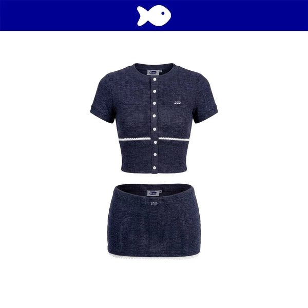 Set áo croptop và chân váy ngắn DKMV thun len màu xanh ôm dáng đính logo cá inox đáng yêu Ora Set | K-SET23-XA