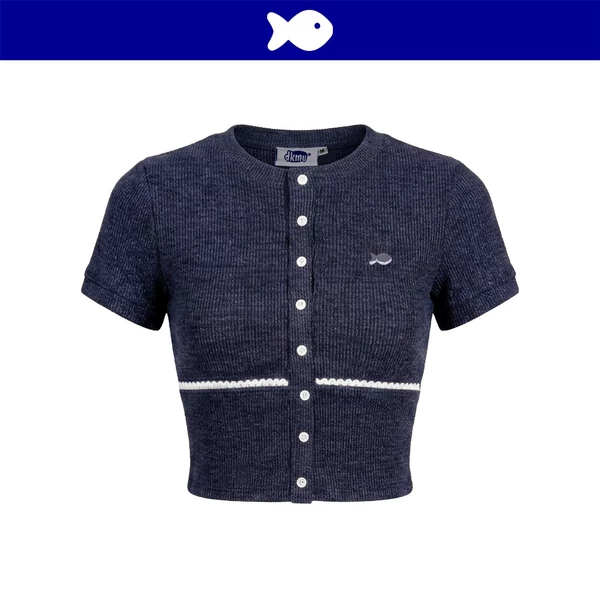 Áo croptop kiểu ôm dáng ngắn tay DKMV hàng nút cài đính ren trắng thun co giãn màu xanh Ora Set | K-SET23-T-XA