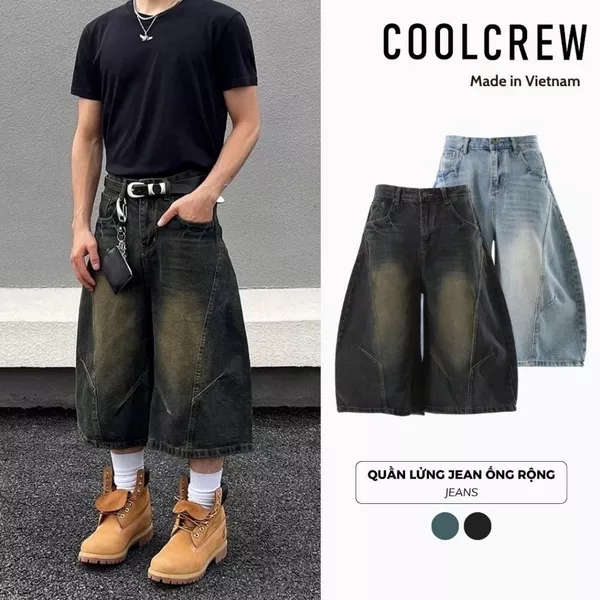 Quần Lửng Jean Ống Rộng 𝐂𝐎𝐎𝐋𝐂𝐑𝐄𝐖 Dáng Balloon Unisex Nam Nữ Phong Cách Streetwear Thời Trang Hàn Quốc QTL160