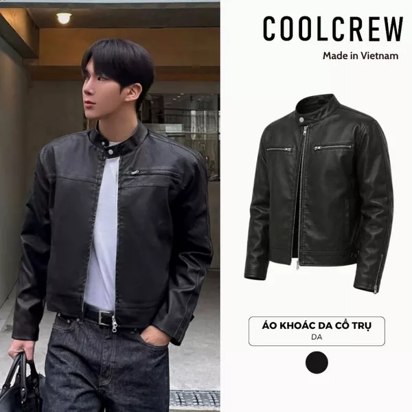Áo Khoác Da Cổ Trụ 𝐂𝐎𝐎𝐋𝐂𝐑𝐄𝐖 Khóa Kéo Dáng Ngắn Unisex Nam Nữ Phong Cách Hàn Quốc AKD091
