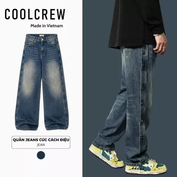 Quần Jeans Cúc Cách Điệu 𝐂𝐎𝐎𝐋𝐂𝐑𝐄𝐖 Ống Rộng Nam Nữ Unisex Màu Xanh Loang