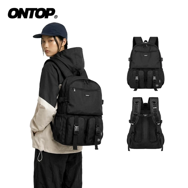 Balo vải canvas chống gù ONTOP canvas nhiều ngăn đựng vừa laptop 15.6inch màu đen Buckle Backpack Pos-Pro | O-P66