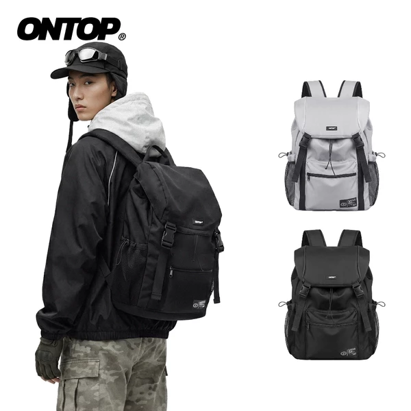 Balo nắp đậy chống nước vải dù ONTOP có khóa gài ngực trợ lực màu đen, xám Flap-Top Utility Backpack | O-P76