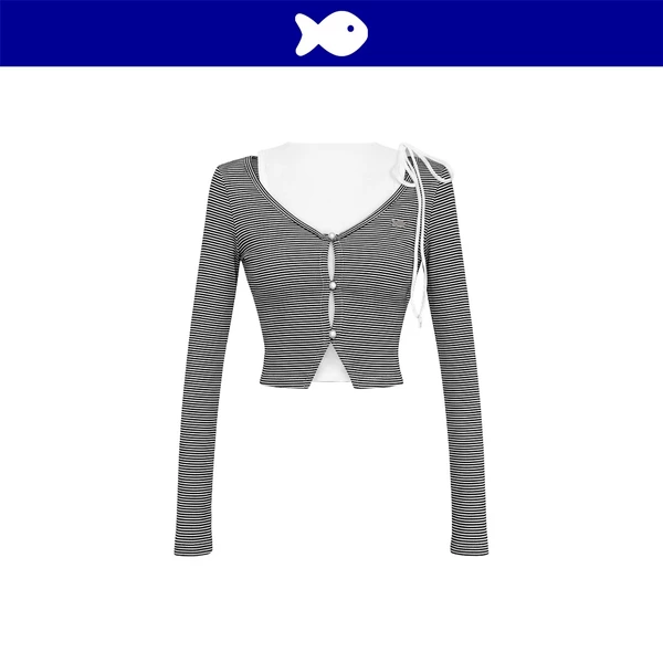 Set áo nữ dáng ba lỗ kèm áo khoác dài tay DKMV form croptop hoạ tiết sọc ngang đen trắng thắt nơ Joy Top | K-T25-SDT