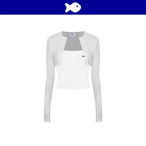 Áo hai dây kèm áo khoác ngoài croptop DKMV hoạ tiết sọc ngang xám trắng đính logo cá ôm dáng Felicite Top | K-T60-SX