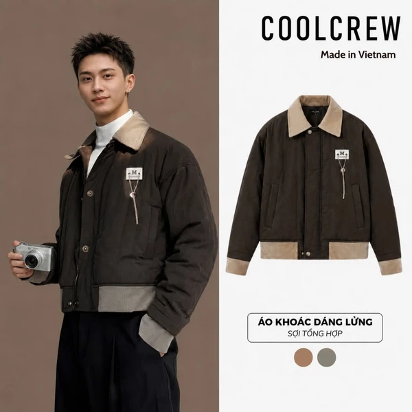 Áo Khoác Chần Bông Dáng Lửng 𝐂𝐎𝐎𝐋𝐂𝐑𝐄𝐖 Unisex Cổ Bẻ Nâu Be Vintage Phong Cách Hàn Quốc
