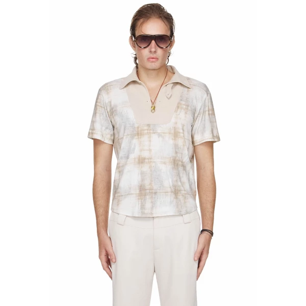 Áo Polo Nam Cổ Xẻ Hoạ Tiết Màu Be - BEUTER® SHAPED RELAXED FIT COLLARED SPLIT-NECK POLO - BEIGE
