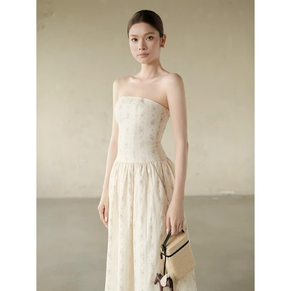 RUBIES Yuki Dress - Đầm Dài Nữ Vải Kate Hoa Dáng Tùng Xoè Cúp Ngực