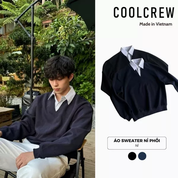 Áo Sweater Nỉ Phối Cổ Sơ Mi 𝐂𝐎𝐎𝐋𝐂𝐑𝐄𝐖 Unisex Nam Nữ Form Rộng Phong Cách Thời Trang Hàn Quốc ASW072