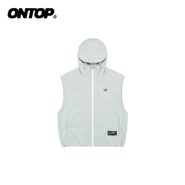 Áo khoác gile nữ vải dù nhăn hai lớp ONTOP màu xám có mũ Nylon Hooded Vest | O-AK1-X