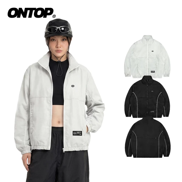 Áo khoác gió phối viền 2 lớp nam nữ ONTOP chống nước, cổ trụ màu đen, xám trắng Wind Track Jacket | O-AK5
