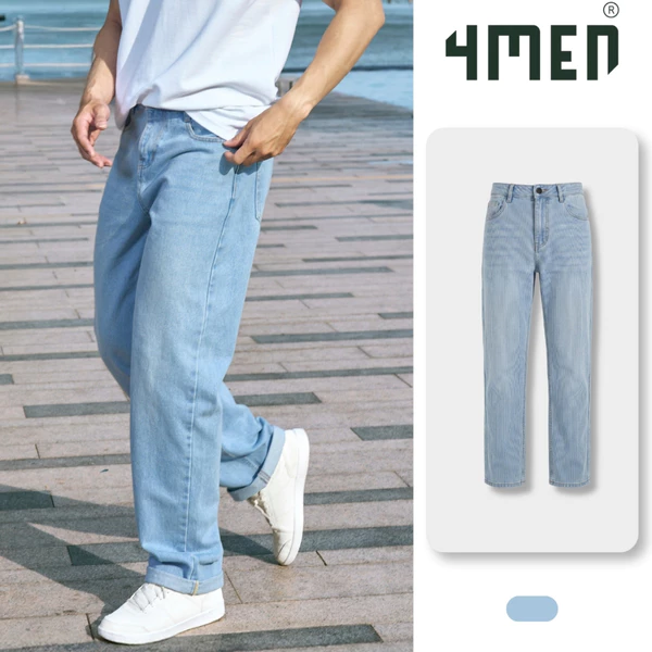 Quần Jean 4MEN Diễu Trang Trí Thêu Logo 3 Sọc Form Regular QJ126 Phong Cách Năng Động, Trẻ Trung
