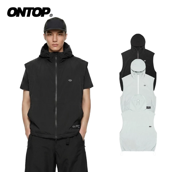 Áo gile nam vải dù hai lớp ONTOP màu đen và xám có mũ Nylon Hooded Vest | O-AK1