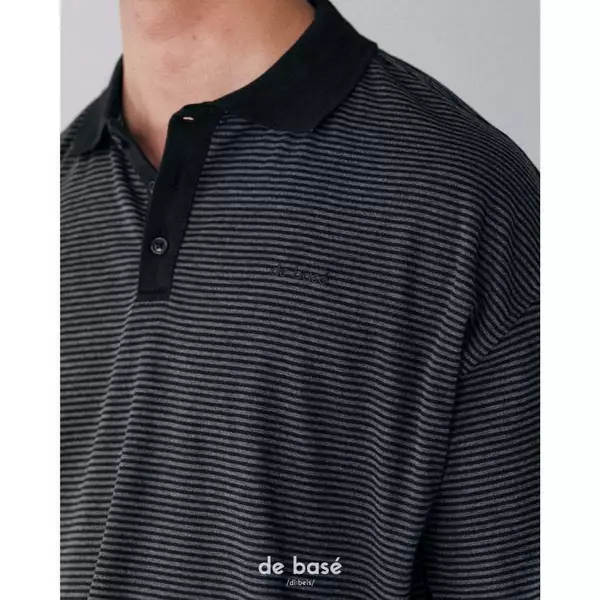 basé POLO 03 - Áo Polo Kẻ Đen Xám Logo Thêu Ngực Tay Xắn - de basé