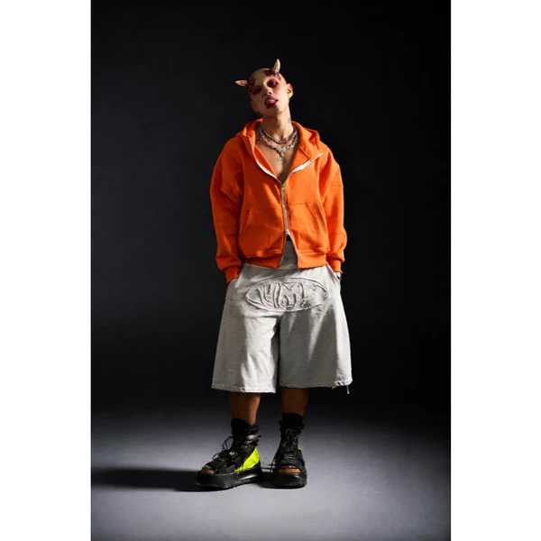 Hoodie Zip Màu Cam Neli UMS Vải Nỉ Họa Tiết Sọc Thể Thao Thời Trang Unisex Crop Form Boxy