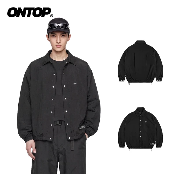Áo sơ mi vải dù nhăn 2 lớp ONTOP cổ bẻ, màu đen có túi trong Windbreaker Shirt | O-AK11