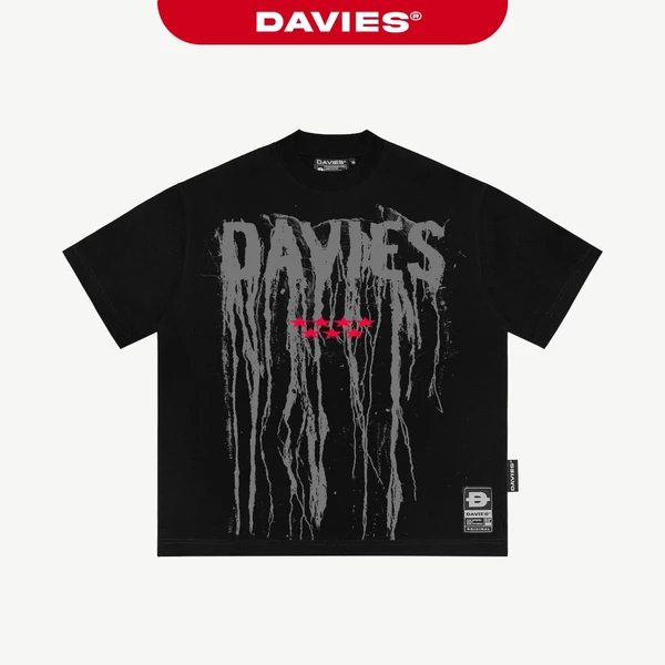 Áo form rộng nam nữ thun cotton DAVIES hình in tràn viền mặt trước tay ngắn co giãn màu đen Abyssal Drip Tee | D-T56