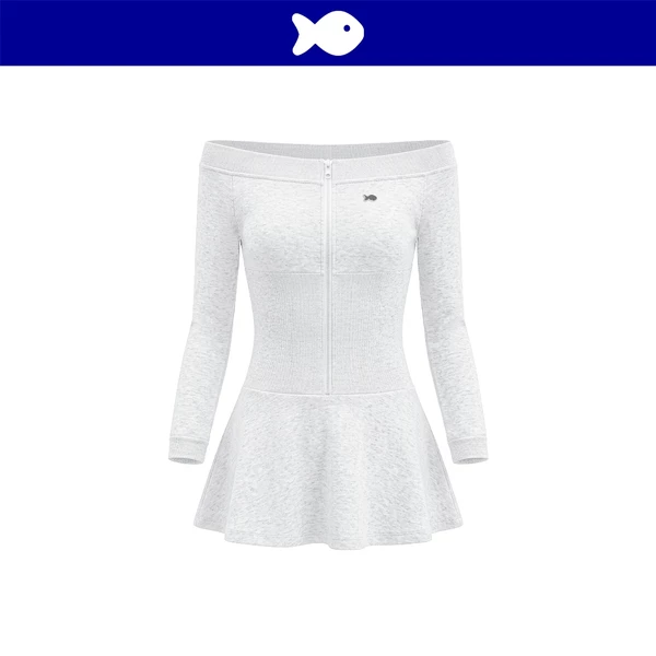 Đầm trễ vai dáng ngắn xoè dài tay DKMV khoá kéo kim loại phối eo bo chun bản lớn ôm màu xám Jinx Dress | K-D55-XN