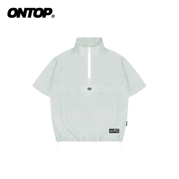 Áo dù ngắn tay nữ cổ trụ ONTOP dù nhăn 2 lớp màu xám, có dây rút Half-Zip Anorak Shirt | O-T11-X