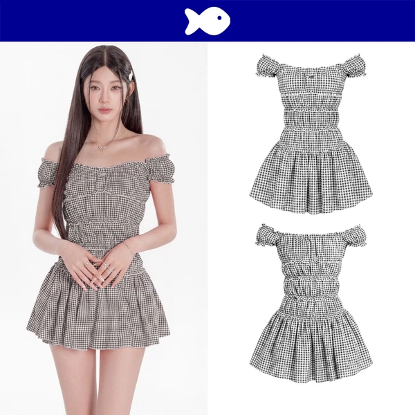 Đầm trễ vai tiểu thư tay bồng xòe DKMV hoạ tiết caro điệu đà thân bo chun ôm dáng màu đen Sugarplum Dress | K-D10-CRD