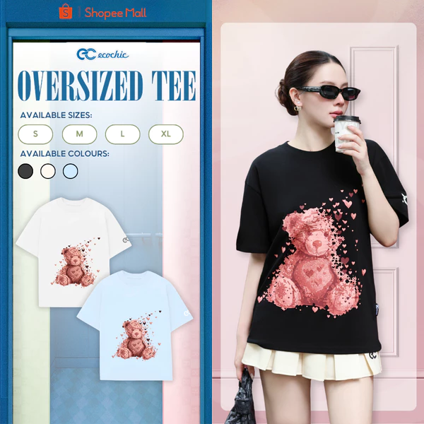 Áo phông Oversize ECOCHIC B253 Hình In Gấu Đỏ Công Nghệ Mới Chất Liệu Cotton 2 Chiều Thoáng Mát Mềm Mịn Chính Hãng