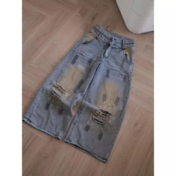 WHOSE x YC1996 CROSS DETAIL RIPPED JEANS - Quần Jeans Wash Rách Ống Rộng Local Brand Unisex MS 3059