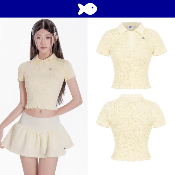 Áo nữ ôm cổ bẻ thân nhún chun co giãn DKMV form tay ngắn croptop đính logo cá inox màu vàng Brit Top | K-T49-V