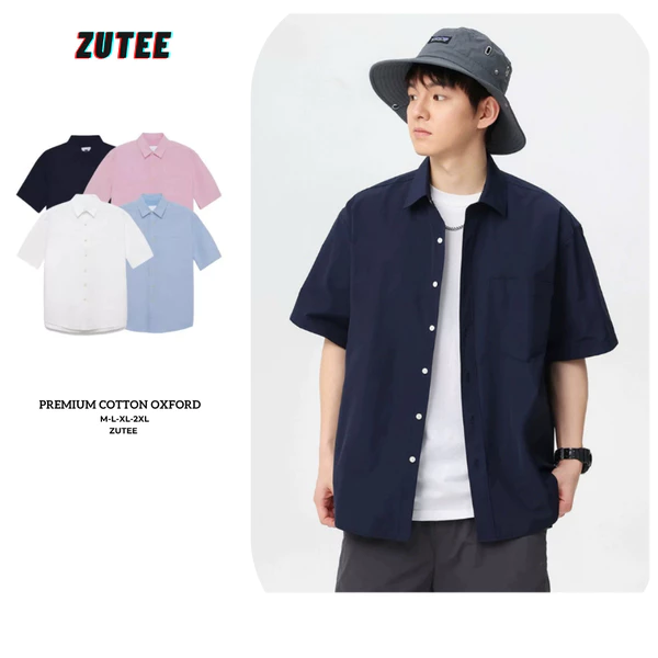 Áo sơ mi trơn ngắn tay ZUTEE, Áo sơmi cộc tay tay phong cách Hàn Quốc Premium Oxford