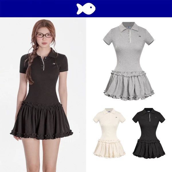 Váy polo nữ dáng xòe kiểu viền bèo DKMV phối ren đáng yêu màu xám logo inox Cá tay ngắn tôn dáng Bomie Dress| K-D22