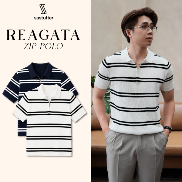 Regata Zip Polo SSSTUTTER Áo Polo Nam Kẻ Ngang Khóa Kéo Dệt Gân Form Regular Cao Cấp