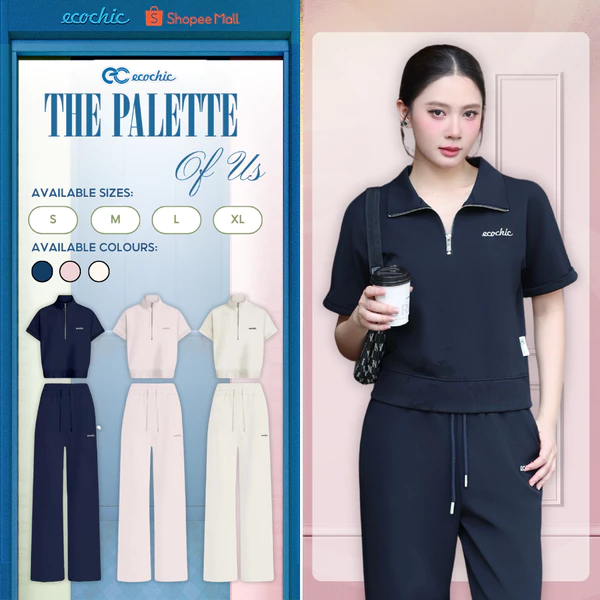 [LIVE KOL] Set Bộ Dài ECOCHIC B221A Áo Crop Khoá Halfzip Quần Ống Suông Cạp Chun Logo Thêu Chính Hãng