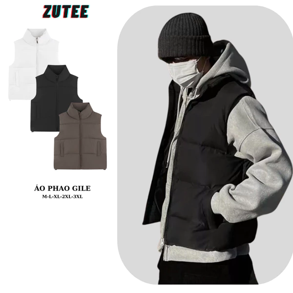 Áo phao gile nam nữ có túi sườn form rộng ZUTEE, Áo khoác phao cổ cao 3 lỗ