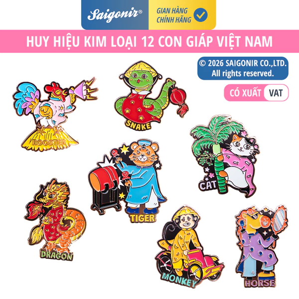 Huy hiệu kim loại Saigonir Hình 12 Con giáp mặc áo dài Việt Nam Enamel Pin 12 Zodiac Animals wearing Aodai