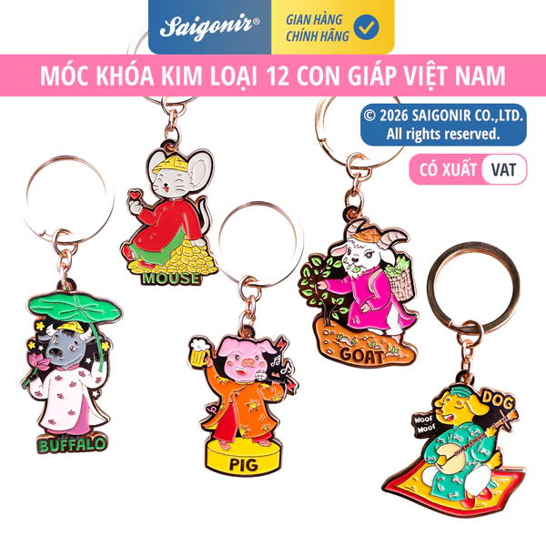 Móc khóa kim loại Saigonir hình 12 con giáp mặc áo dài Metal Keychain featuring 12 Vietnamese Zodiac wearing Aodai