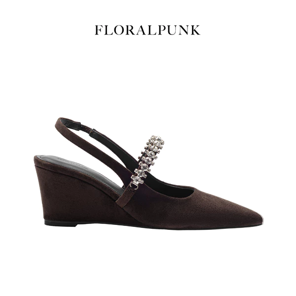 [NEW] Giày cao gót Floralpunk Diana Wedges Suede Brown - Đế xuồng 7cm - chất liệu da lộn kèm dây quai