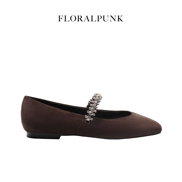[NEW] Giày Búp Bê Floralpunk Diana Ballerina Flats - Suede Brown - chất liệu da lộn kèm quai đá trang trí