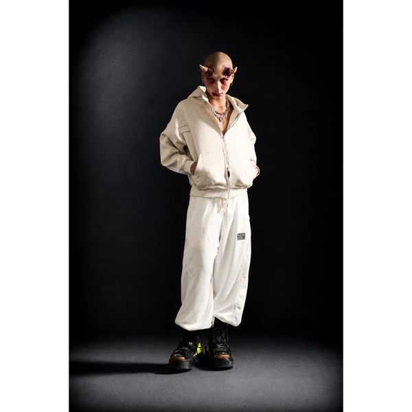 Hoodie Zip Màu Xám Kem/Vani UMS Vải Nỉ Lót Bông Họa Tiết Sọc Thể Thao Thời Trang Unisex Crop Form Boxy