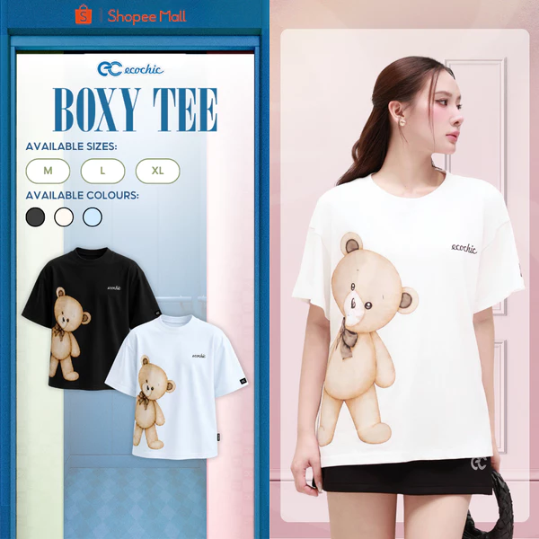 Áo Phông Boxy ECOCHIC B254 Hình Gấu Có Nơ Công Nghệ In Digital Chất Liệu Cotton 2 Chiều