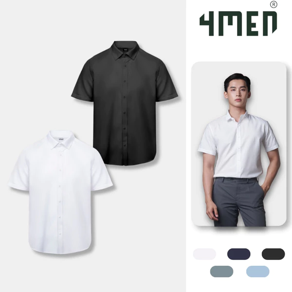 COMBO 2 Áo sơ mi nam tay ngắn trơn đẹp 4MEN SM087 vải lụa chéo mềm mịn, hạn chế nhăn, form tailored công sở trẻ trung