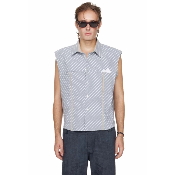 Áo Sơ Mi Nam Không Tay Kẻ Sọc Chéo Màu Xanh - BEUTER® MS RELAXED SLEEVELESS DIAGONAL STRIPED SHIRT - BLUE