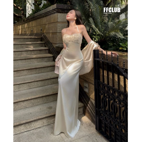 [TẶNG KÈM MÚT] Đầm Lụa Hở lưng FLORAL phối Ren hoa tôn dáng FFCLUB - Đầm lụa dự tiệc, tốn dáng