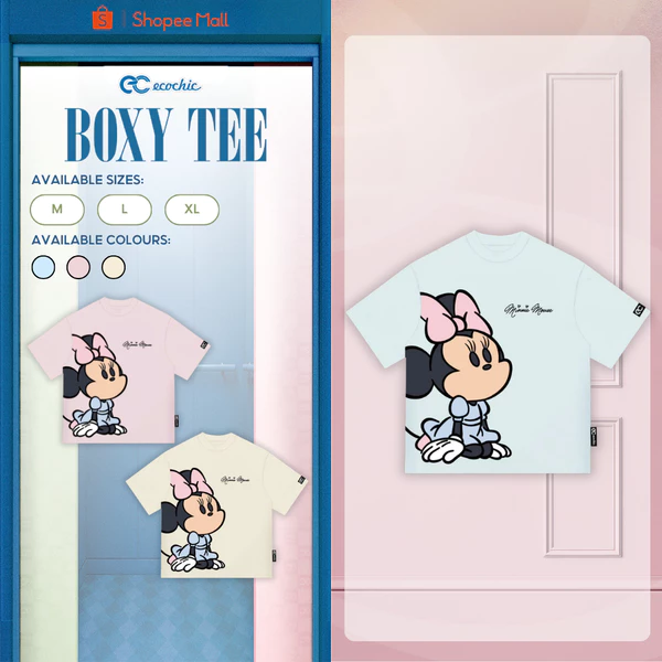 Áo Phông Boxy ECOCHIC TS031 Hình In Minnie Mouse Nơ Hồng Dễ Thương Chính Hãng Bản Quyền Disney