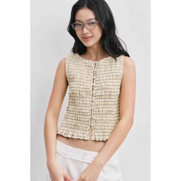 LIBÉ WORKSHOP - Áo kiểu chạy chỉ thun hoạ tiết caro vàng 7747