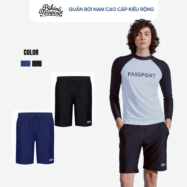 Quần bơi nam cao cấp dáng lửng thể thao, bigsize, kháng clo, chống tia UV- BIKINI PASSPORT - màu Đen - BS179_BL