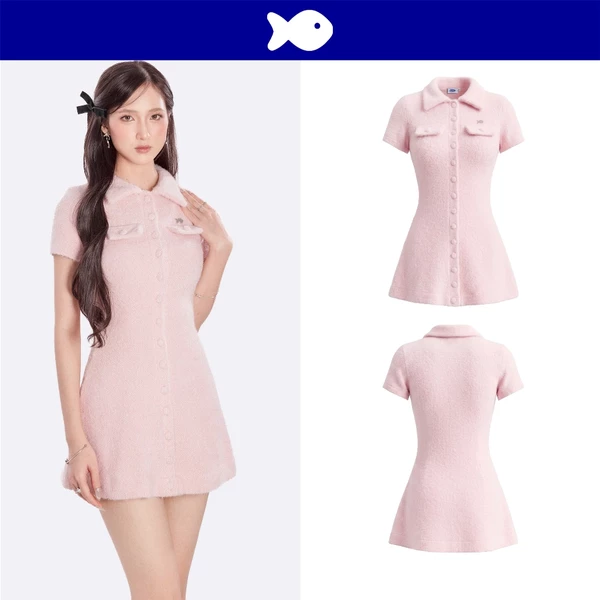 Đầm chữ A ngắn cổ polo len lông thỏ DKMV có quần bảo hộ thiết kế cài cúc dọc thân màu hồng Cleo Dress | K-D62-H